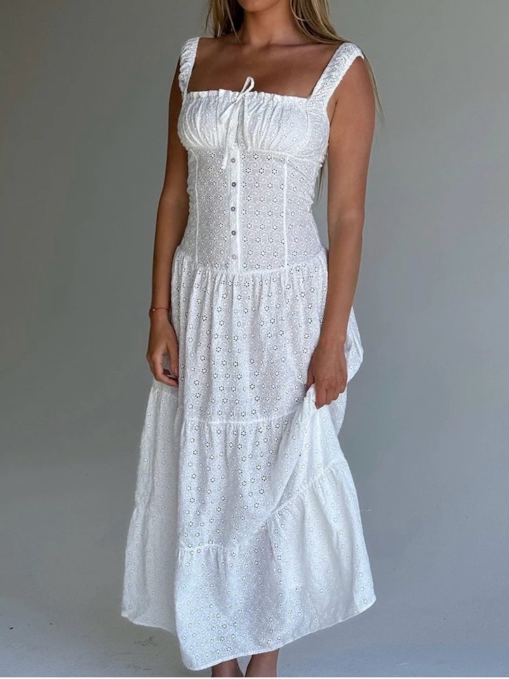 Frankie's Bikinis White Eyelet Square-Neck Maxi Dress